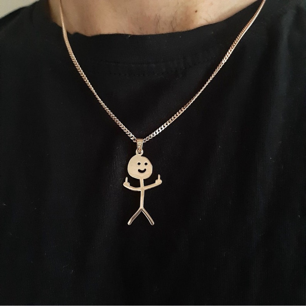Silver Stick Figure Pendant Necklace - Smiley Design